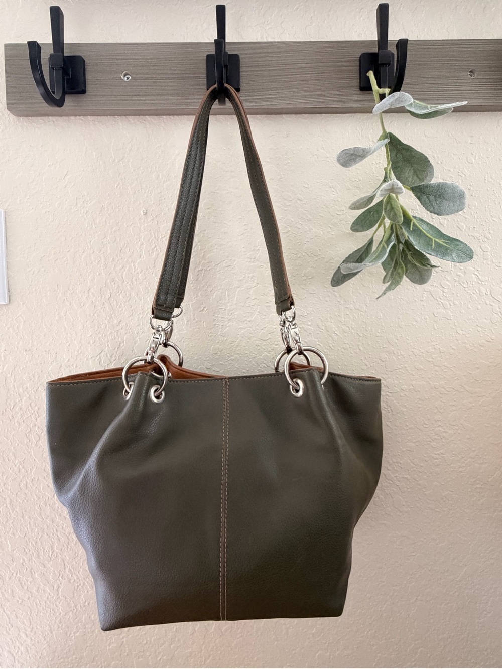 Nine West Large Vegan Leather Shoulder Tote Purse, Olive Green Minimalist